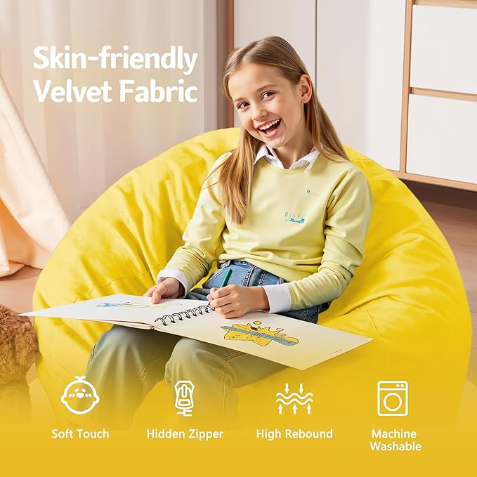 Homguava 2FT Bean Bag Chair: 2' Bean Bags with Memory Foam Filled,Comfy Beanbag Chairs Round Bean Bag Sofa with Dutch Velvet Cover-Yellow