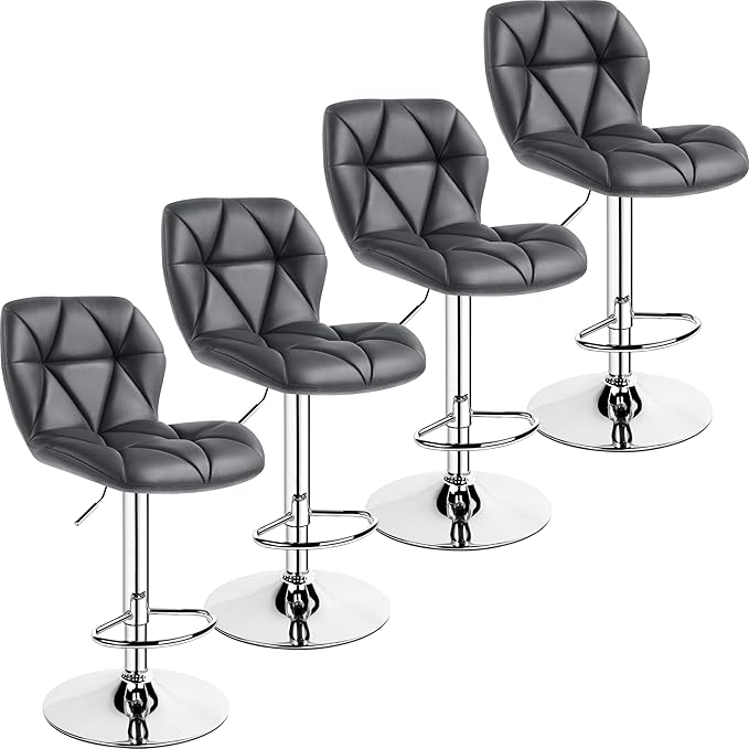 Yaheetech Bar Stools Set of 4, Adjustable PU Leather Swivel Barstools, Modern Counter Stools with Back and Footrest, Counter Height Barstools for Bar, Kitchen, Dining Room, Grey