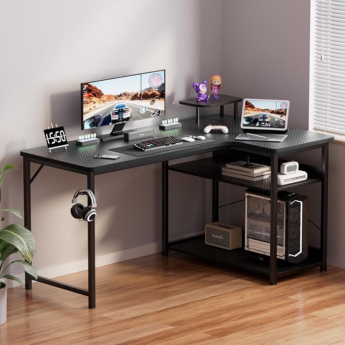 GTPLAYER L Shaped Gaming Desk, Carbon Fiber Style Computer Desk with Monitor Shelf and Hook, Black Small L Shape Desk with Adjustable Open Storage Shelf, Corner PC Table for Small Space Home Office