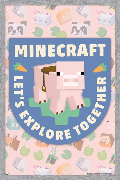 Trends International Minecraft - Let's Explore Together Wall Poster, 34L x 22.4W, Gray Framed Version