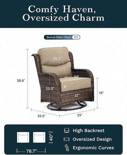 High Back Outdoor Furniture with Extra Thick Cushion Patio Swivel Rocking Chairs, 2PCS Oversized Comfort Wicker Conversation Set for Porch, Deck, Yard in Beige