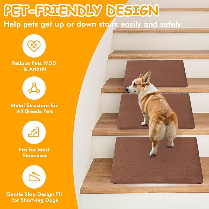 Dog Ramps for Stairs, 3 Pack Pet Ramp Stairs for Small Medium Dogs, Non-Slip Dog Pet Steps for Any Staircase with Anti-Slip Strip, Stair Ramp for Injured Elder Dogs/Cats (Brown, 3 Pack)
