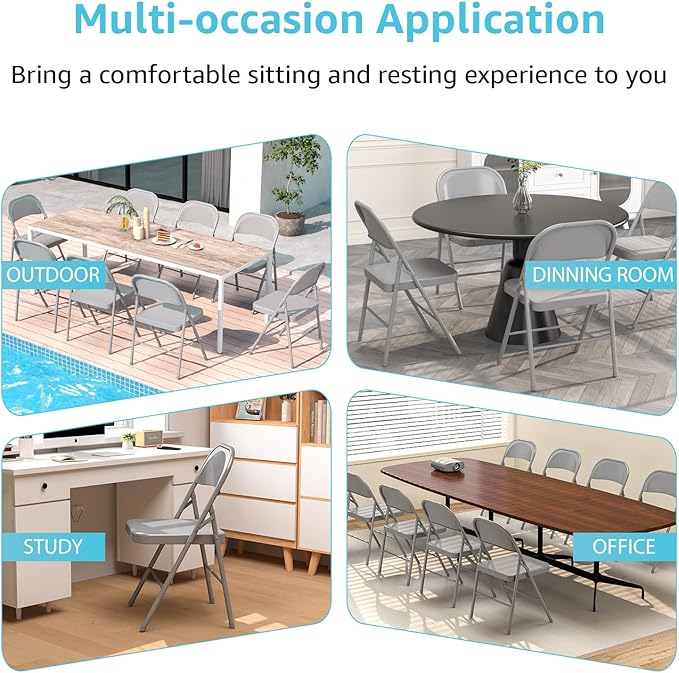 Metal Folding Chairs Steel Frame with Double Hinged for Office Kitchen Dinning Wedding Patio and Garden,No Assembly, Set of 4, Grey