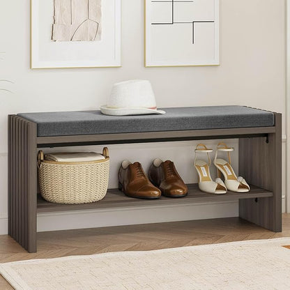 BON AUGURE Shoe Storage Bench, Entryway Bench with Cushion, Ottoman Benches for Bedroom, Living Room, Shoe Rack Seat for Hallway Entry (Greige Oak, 40 Inch Wide)