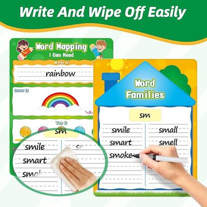 12 Packs Word Families Read and Rhyme Phonemic Awareness Dry Erase Board, Speech Therapy Phonics Games Flash Cards, Elkonin Boxes Science of Reading Spelling Manipulatives Classroom Must Have