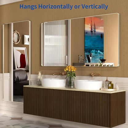 WEER 72X36 Inch Brushed Nickel Bathroom Mirror, Brushed Silver Metal Frame Mirror, Rounded Rectangle Silver Bathroom Vanity Mirror, Tempered Glass, Anti-Rust, Hangs Horizontally or Vertically