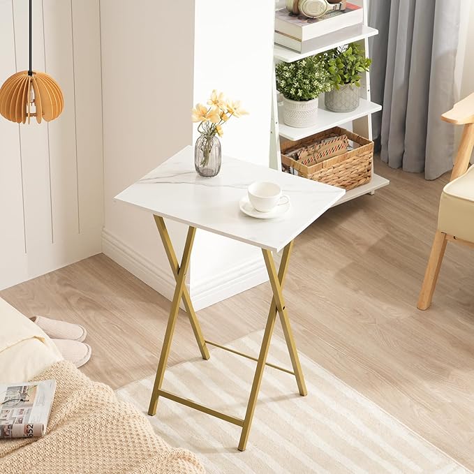 HOOBRO Folding TV Tray Tables, Set of 4 TV Trays with Storage Rack, Industrial Side Table for Eating at Couch, Foldable Snack Table for Small Space, Easy Assembly, Marble and Gold DM50BZ01