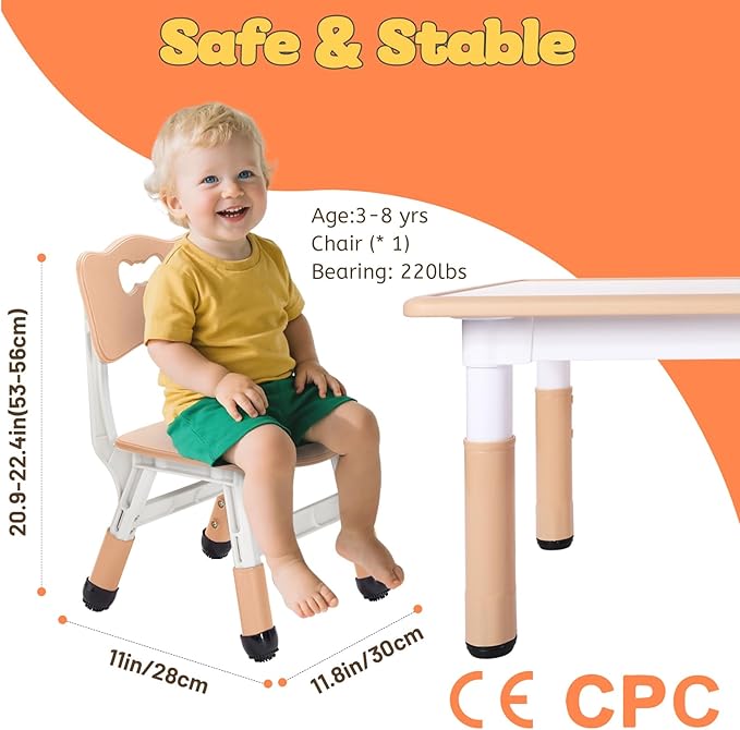 FUNLIO Adjustable Kids Chair (1pc), 3 Level Height Adjustable Toddler Chair for Ages 3-8, Sturdy Child Chairs with Maximum Bearing 220lbs, for Classrooms/Daycares/Homes, CPC & CE Approved - Natural