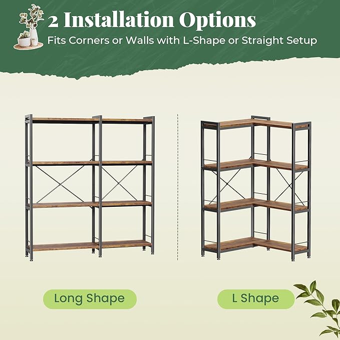 Huuger 4 Tier Bookshelf, L Shaped Corner Bookshelf with 8 Open Shelves, 49.4 Inch Straight Wide Bookcase with Metal Frame and Wooden Board, Adjustable Feet, Rustic Brown
