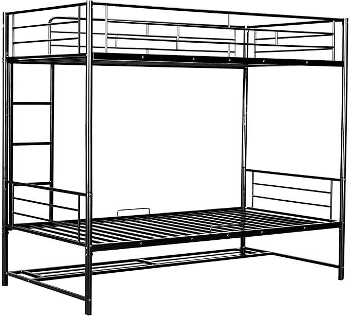 Twin Over Twin Metal Bunk Bed with Shelf and Guardrails, Heavy-Duty Steel Bed Frame,Built-in Ladder,Can Be Divided into 2 Separate Beds,for Kids Teens Adults,Black