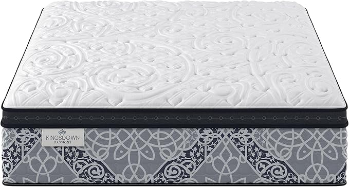 Kingsdown Firm Euro Pillow Top Hybrid Twin XL Mattress Cooling Gel Memory Foam Layer Multi-Layered Motion Isolation Cool Sleep Quilted Top Luxury Mattresses, 15-inch, Passions Engleson
