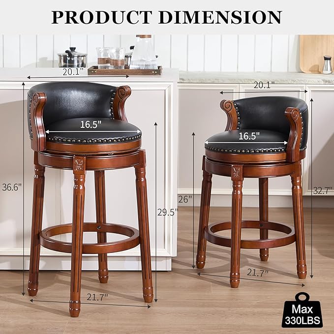 CozyRain Bar Stools Rubber Wood Counter Height Bar Stool Leather Upholstered Swivel Barstools with Back & Footrest for Home,Kitchen,Counter,Dining Room (Black, Seat Height 29.5 in)