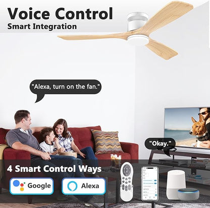 52 Inch Smart Flush Mount Ceiling Fans with Lights Remote,Wood Outdoor Indoor Ceiling Fan,WIFI Alexa App Control,Quiet DC Motor,Modern Low Profile Fan LED Lighting for Bedroom Patio,White & Light Wood