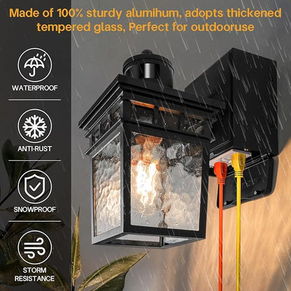 2 Pack Porch Light Outdoor with GFCI Outlet - 3 Lighting Modes Exterior Light Fixture, Dusk to Dawn Motion Sensor Wall Mount Outside Lights for House,Garage,Front Door, Patio