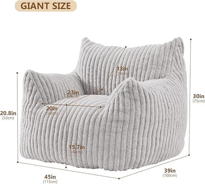 Giant Bean Bag Chairs for Adults Teens, Large Bean Bag Sofa Chairs with Filling Comfy Fuzzy BeanBag Chair with Armrests for Bedroom Living Room Reading (Light Gray, Large)