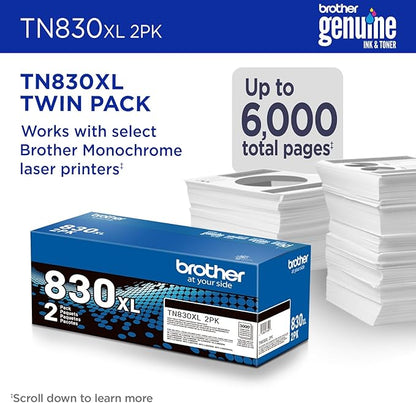Brother Genuine TN830XL 2PK Black High Yield Printer Toner Cartridge 2-Pack – Print up to 3,000 Pages Each(1)