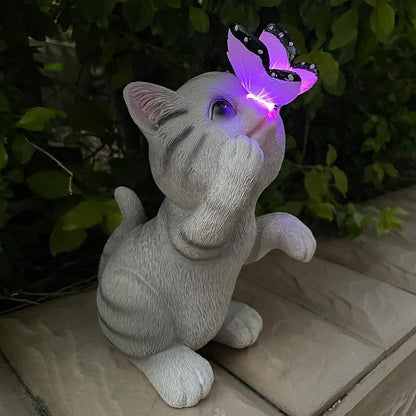 Solar Cat Outdoor Figurines Garden Decor with Butterfly Light for Lawn Ornaments Porch Patio Balcony Yard Decorations Outdoor Birthday Gifts for Women Grandma Mother’s Day