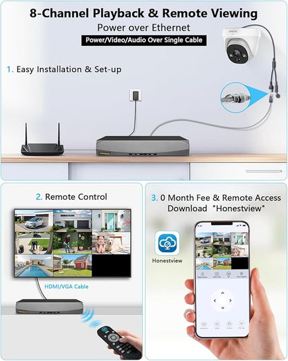 OOSSXX 4K 130° Ultra Wide-Angle 2-Way Audio 8MP Wired Dome PoE IP Cameras for Home Security Outdoor Camera System DVR Kits, Smart PIR Detection,DVR Kits (4 Bullet+4 Dome(3TB HDD))