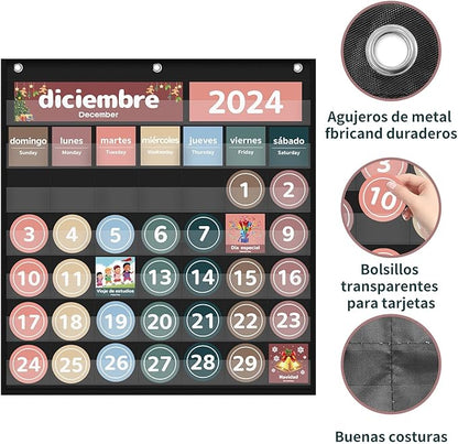 Monthly Calendar Pocket Chart for Classroom, Printed Days of The Week with Cards, Learning for Home or Kindergarten, Teacher Must Have Supplies That Fits Any School Décor (Spanish Black)