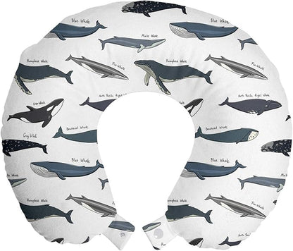 Ambesonne Whales Travel Pillow Neck Rest, North Pacific Killer Bowhead Humpback Minke Whale Swimming Ocean, Memory Foam Traveling Accessory for Airplane and Car, 12", Slate Blue Purpleblue