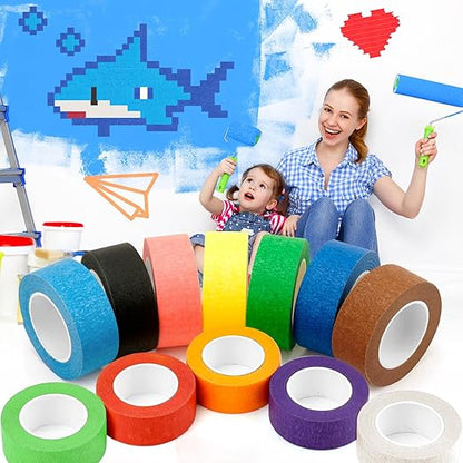 12PCS Colored Masking Tape, Colored Tape for Kids Art Supplies, DIY Craft Tape, Colored Painters Tape for Labeling, Classroom, Decorative, Rainbow Color Tape Rolls 1In x 13Yards(2.5cm x 12m)