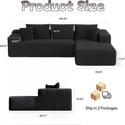 Cloud Sectional Couch, 104”L-Shape Large Oversized Sofa with Left Chaise Lounge, Modular Sleeper Couch with Pillows & Deep Seat, Flannel Velvet Compressed Sofa for Living Room, Black