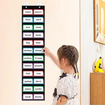 10”W x 48.25”H Classroom Words Pocket Chart with 12 Clear Pockets, Black Standard Pocket Chart for Classroom and Home for Sentence Strips, Reusable Words Hanging Pocket Chart (Black)