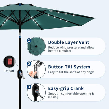 Patio Umbrella with Solar Lights, Outdoor Table Umbrella with 8 Durable Ribs, Tilt & Crank Mechanism, Water & UV Protection Sun Shade Umbrella for Garden, Poolside, Backyard (Turquoise, 9 FT)