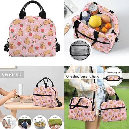 Kids School Bag Set Strawberry Capybara Backpack for Girls Schoolbag Set with Lunchbox Pencil Case Water Bottle Sleeve Elementary Preschool Kindergarten Bookbag 4 IN 1