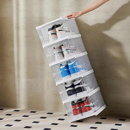Drop Front Shoe Storage Box, No Assembly Stackable Shoe Organizer Storage Bin with Door, Free Standing Shoe Shelf Cabinet with Lid, Plastic Shoe Rack for Closet Entryway