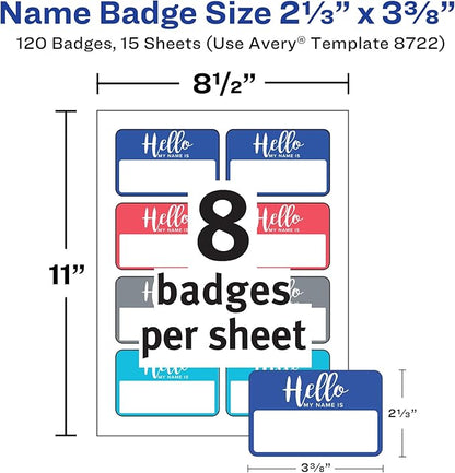 Avery Flexible Name Tags, Hello My Name is, 2-1/3" x 3-3/8", White, Assorted Colored Border, Removable Adhesive, Laser/Inkjet Printable, 120 Total (8722)