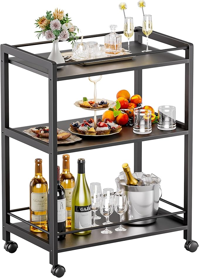 HITNET Bar Cart Black, Serving Cart for Home, 3 Tier Drinks Cart with Wheels, Rolling Beverage Cart for Kitchen Dining Living Room