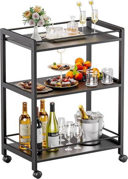 HITNET Bar Cart Black, Serving Cart for Home, 3 Tier Drinks Cart with Wheels, Rolling Beverage Cart for Kitchen Dining Living Room