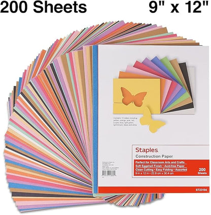 Staples Construction Paper, 9" x 12", Assorted, 200 Sheets/Pack - Paper for Crafts, School Projects & Art Rooms