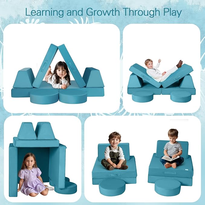 MeMoreCool Modular Kids Play Couch Sofa, 8-Piece Convertible Turquoise Toddler Sofa Play Set for Playroom and Baby