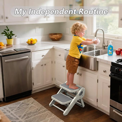 Toddler Step Stool, iNeibo 2-Step Foldable Step Stool for Kids, Widened & Thickened with Anti-Slip Design, Safer for Children Use for Kitchen, Bathroom, Toilet Training - Gray