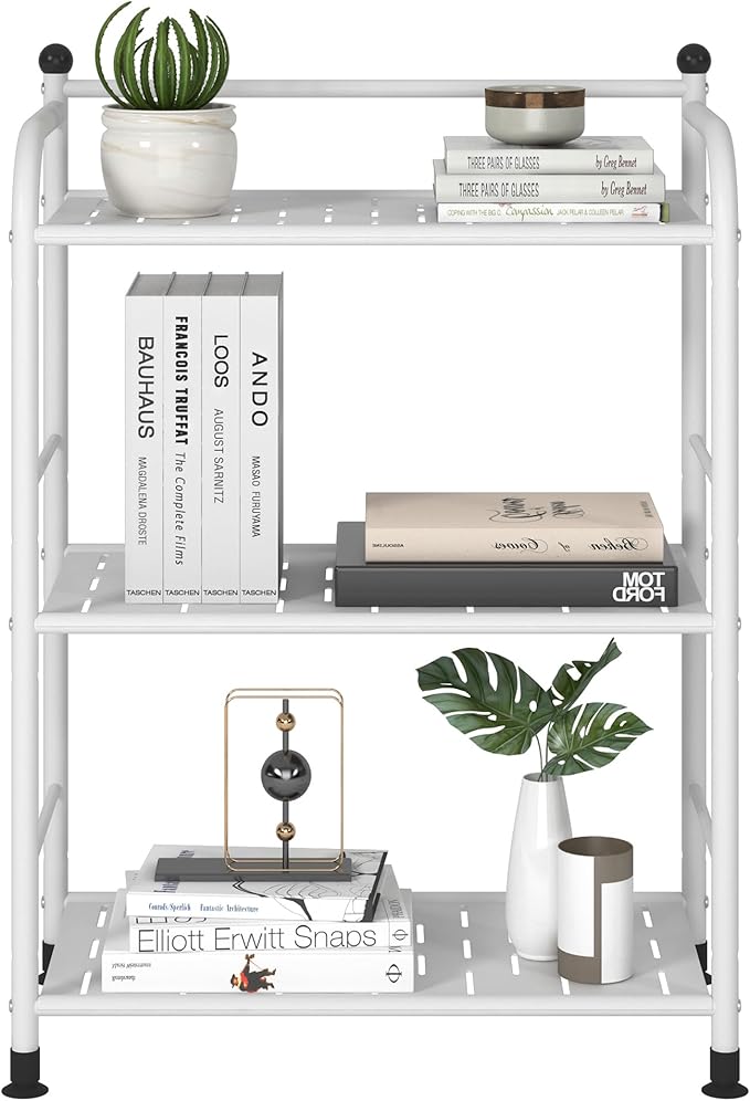 3 Tier Bathroom Storage Open Shelf Unit, Free-Standing Matte Metal Corner Rack Shelving for Kitchen, Living Room, Hallway (Matte White, 3 Tier)