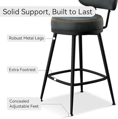 Counter Height Bar Stools, 26" H Swivel Barstools Set of 2, Faux Leather Kitchen Counter Stools with Back and Stylish Stitching, Metal Frame, Pub, Home Bar, Balck Green