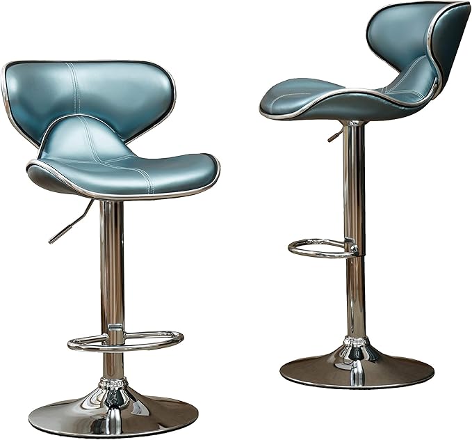 Roundhill Furniture Masaccio Cushioned Leatherette Upholstery Airlift Adjustable Swivel Barstool with Chrome Base, Set of 2, Blue