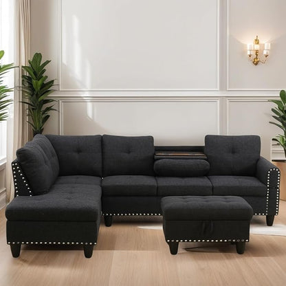L Shaped Sectional Couches for Living Room, Modular 4 Seat Sofa with Ottoman Storage, Modern Couch with Chaise for Bedroom Apartment Furniture, Black
