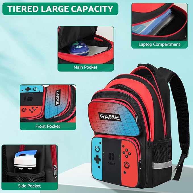 Kids Backpack For Boys，Gamer Boys Backpack For Children Teens Elementary Middle School, 17″ Students Bookbag
