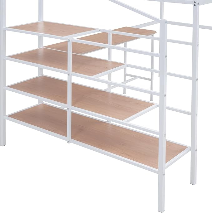 Full Size Metal Loft Bed with Desk and Lateral Storage Ladder,Modern Style Heavy-Duty Metal Frame for Kids Teens Adults Bedroom, Dorm,White