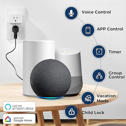2 Pack Smart Plugs, WiFi Outlets Compatible with Alexa&Google Assistant,15A/1800W Max, Smart Socket with Timer and Group Control, No Hub Required, Simple Setup, for Home(2.4G WiFi Only)