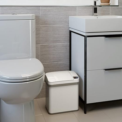 iTouchless 2.5 Gallon Bathroom Trash Can with Odor Control, 10 L Automatic Motion Sensor Bin, Soft-Close Stainless Steel, Slim Wastebasket for Narrow Spaces, White