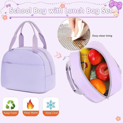 School Bag for Teens Girls,Girls Backpack Set,3 PCS Kids Backpack for Women,15.6 Inch Laptop Middle High School College Student Casual Travel Daypack with Lunch Box Pencil Pouch Set(Purple)