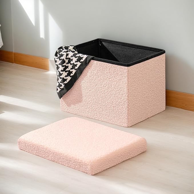 16.5 Folding Storage Ottoman Cube - Small Footrest with Sherpa Top, Multi-Functional Storage for Bedroom, Living Room, Pink