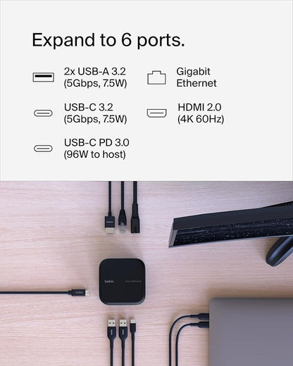 Belkin Connect USB-C 6-in-1 Core GaN Dock 130W, Multiport Docking Station w/ 96W PD to Peripherals, USB-C, USB-A, Gigabit Ethernet, & HDMI 4K Ports for Gaming, MacBook Pro, PC Laptops, & Chromebook
