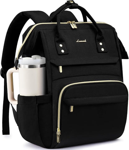 LOVEVOOK Laptop Backpack for Women with Giant Tumbler Holder Pocket,17 inch Waterproof Travel Backpack Purse Computer Laptop Bag,Professional Work College Nurse Teacher Backpack Casual Daypack,Black