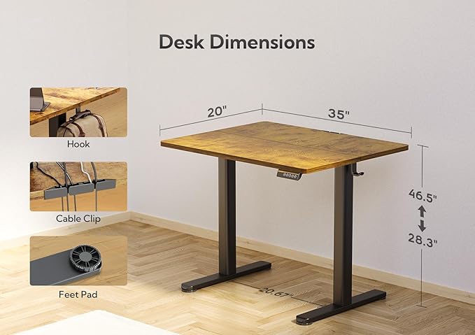 Claiks Electric Height Adjustable Stand Up Desk, 35x20 Inches Sit Stand Desk for Home Office, Rustic Brown Top/Black Frame