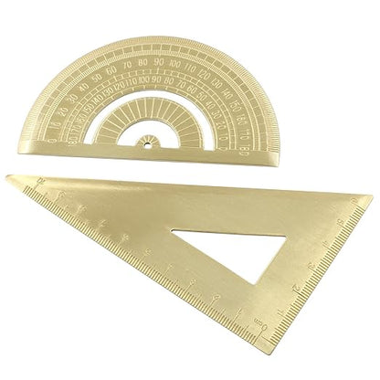 Brass Mini Ruler Set,Triangle Ruler & Protractor & 4 inch Straight Ruler,Drafting Ruler Set for Measuring, Drawing, Learning Math Geometry (3 Pack)